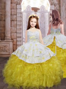 Gold Spaghetti Straps Neckline Embroidery and Ruffles Little Girl Pageant Gowns Sleeveless Lace Up