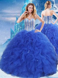 Simple Royal Blue Organza Lace Up Sweetheart Sleeveless Floor Length Quinceanera Gowns Beading and Ruffles and Sequins