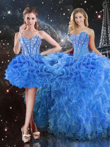 Organza Sweetheart Sleeveless Lace Up Beading and Ruffles Sweet 16 Quinceanera Dress in Baby Blue