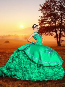 Dazzling Embroidery and Ruffles 15 Quinceanera Dress Turquoise Lace Up Sleeveless Brush Train