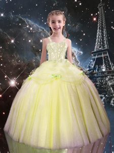 Low Price Light Yellow Ball Gowns Straps Sleeveless Tulle Floor Length Lace Up Beading Pageant Gowns For Girls