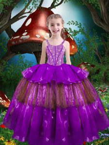 Eggplant Purple Sleeveless Floor Length Beading and Ruffled Layers Lace Up Little Girls Pageant Gowns