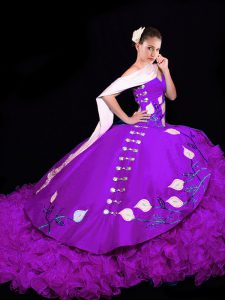 Eggplant Purple Organza Lace Up Sweetheart Sleeveless Quince Ball Gowns Brush Train Embroidery and Ruffles