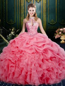 Exceptional Ball Gowns Ball Gown Prom Dress Watermelon Red Halter Top Organza Sleeveless Floor Length Lace Up