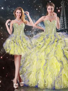 Yellow Sleeveless Organza Lace Up Quinceanera Dresses for Military Ball and Sweet 16 and Quinceanera