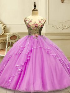 Sleeveless Floor Length Appliques Lace Up Quinceanera Gowns with Lilac