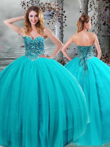 Customized Floor Length Aqua Blue Quinceanera Dress Tulle Sleeveless Beading
