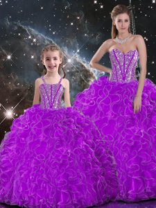 Sexy Beading and Ruffles 15 Quinceanera Dress Purple Lace Up Sleeveless Floor Length