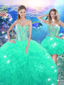 Flirting Organza Sleeveless High Low 15 Quinceanera Dress and Beading and Ruffles