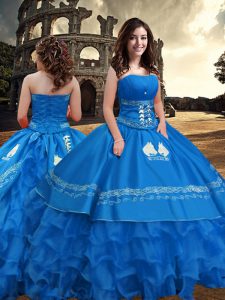 Fitting Sleeveless Floor Length Embroidery and Ruffled Layers Zipper Quinceanera Dresses with Blue