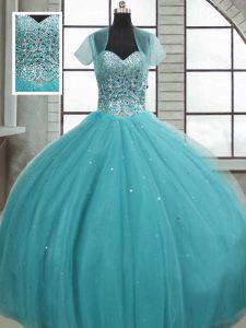 Aqua Blue Tulle Lace Up Ball Gown Prom Dress Sleeveless Floor Length Beading and Sequins