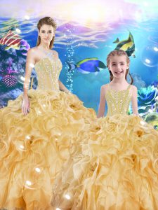 Shining Gold Organza Lace Up Quinceanera Dresses Sleeveless Floor Length Beading and Ruffles