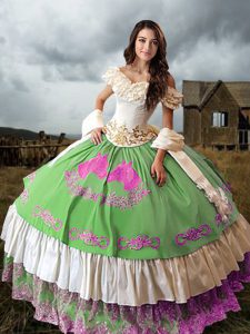 Multi-color Taffeta Lace Up Off The Shoulder Sleeveless Floor Length 15 Quinceanera Dress Embroidery and Ruffled Layers