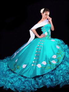 Lace Up Sweet 16 Quinceanera Dress Aqua Blue for Military Ball and Sweet 16 and Quinceanera with Embroidery and Ruffles Brush Train