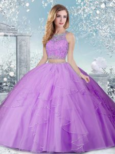 On Sale Tulle Scoop Sleeveless Clasp Handle Beading Ball Gown Prom Dress in Lavender