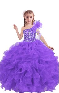 High End Floor Length Lace Up Little Girl Pageant Dress Lilac for Quinceanera and Wedding Party with Beading and Ruffles
