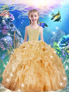 High End Champagne Sleeveless Beading and Ruffles Floor Length Little Girl Pageant Gowns