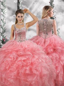 Super Watermelon Red Zipper Straps Beading and Ruffles Quince Ball Gowns Organza Sleeveless