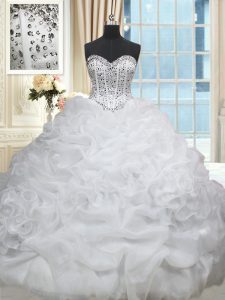 Spectacular Organza Sweetheart Sleeveless Brush Train Lace Up Beading and Pick Ups Ball Gown Prom Dress in White