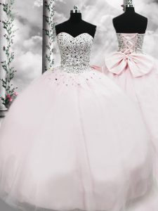 Wonderful Pink Sleeveless Tulle Brush Train Lace Up Quinceanera Gowns for Military Ball and Sweet 16 and Quinceanera