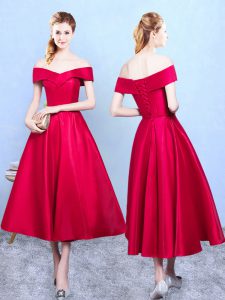 Comfortable Wine Red A-line Taffeta Off The Shoulder Sleeveless Appliques Tea Length Lace Up Dama Dress for Quinceanera
