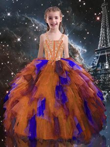 On Sale Straps Sleeveless Lace Up Pageant Gowns For Girls Orange Red Tulle