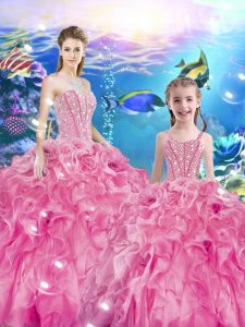 Luxurious Beading and Ruffles Quinceanera Gowns Rose Pink Lace Up Sleeveless Floor Length