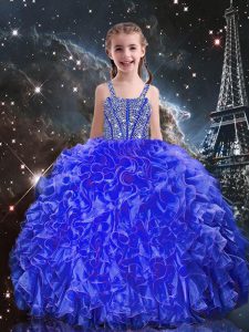 Sleeveless Organza Floor Length Lace Up Child Pageant Dress in Royal Blue with Beading and Ruffles