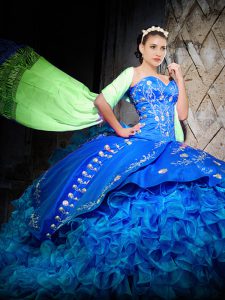 Flare Off The Shoulder Sleeveless Quince Ball Gowns Brush Train Embroidery and Ruffles Royal Blue Organza