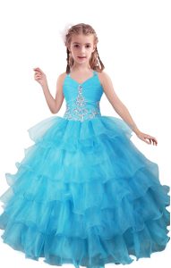 Simple Baby Blue Sleeveless Organza Zipper Little Girl Pageant Gowns for Quinceanera and Wedding Party