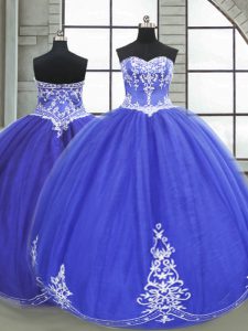 Customized Sweetheart Sleeveless Quinceanera Dresses Floor Length Appliques Blue Tulle
