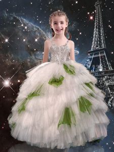 Superior Ball Gowns Kids Pageant Dress White Straps Tulle Sleeveless Floor Length Lace Up