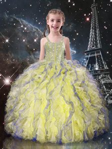High Class Organza Straps Sleeveless Lace Up Beading and Ruffles Child Pageant Dress in Light Yellow