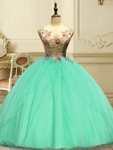 Clearance Apple Green Ball Gowns Scoop Sleeveless Organza Floor Length Lace Up Appliques Ball Gown Prom Dress