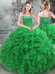 Beading and Ruffles Vestidos de Quinceanera Green Lace Up Sleeveless Floor Length