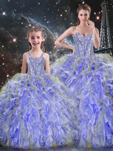 Most Popular Lavender 15th Birthday Dress Military Ball and Sweet 16 and Quinceanera with Beading and Ruffles Sweetheart Sleeveless Lace Up