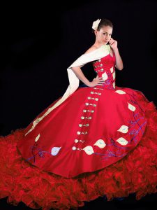 Red Ball Gowns Embroidery and Ruffles Quinceanera Dresses Lace Up Taffeta Sleeveless