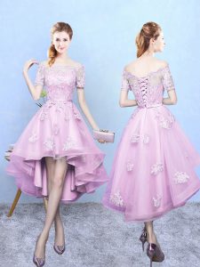 Sexy High Low Lace Up Vestidos de Damas Rose Pink for Prom and Party and Wedding Party with Lace