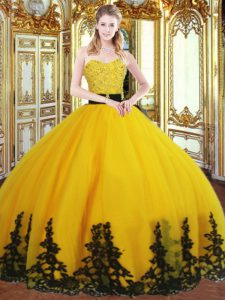 Gold Ball Gowns Sweetheart Sleeveless Organza Floor Length Zipper Beading and Appliques Sweet 16 Quinceanera Dress