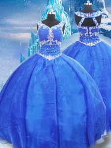 Super Organza V-neck Sleeveless Zipper Beading Sweet 16 Dress in Blue