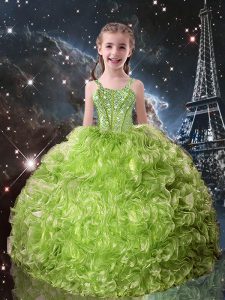 Beautiful Olive Green Straps Lace Up Beading and Ruffles Little Girls Pageant Gowns Sleeveless