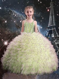 Stylish Straps Sleeveless Little Girls Pageant Gowns Floor Length Beading and Ruffles Olive Green Organza
