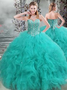 Enchanting Turquoise Sleeveless Beading and Ruffles Floor Length Quinceanera Gown