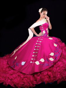 Hot Selling Embroidery and Ruffles Quinceanera Gowns Fuchsia Lace Up Sleeveless Brush Train