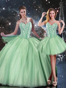 Beautiful Apple Green Ball Gowns Tulle Sweetheart Sleeveless Beading Floor Length Lace Up 15 Quinceanera Dress