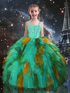 Straps Sleeveless Lace Up Girls Pageant Dresses Turquoise Tulle