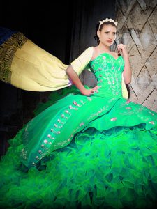 Extravagant Green Ball Gowns Embroidery and Ruffles Quinceanera Gowns Lace Up Organza Sleeveless With Train