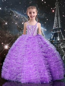 Eggplant Purple Lace Up Little Girls Pageant Dress Wholesale Beading and Ruffles and Ruffled Layers Sleeveless Floor Length