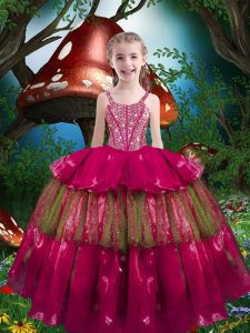 Gorgeous Hot Pink Ball Gowns Organza Straps Sleeveless Beading and Ruffled Layers Floor Length Lace Up Little Girls Pageant Gowns