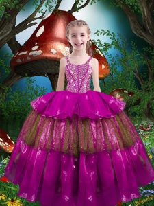 Fuchsia Ball Gowns Beading and Ruffled Layers Kids Pageant Dress Lace Up Organza Sleeveless Floor Length